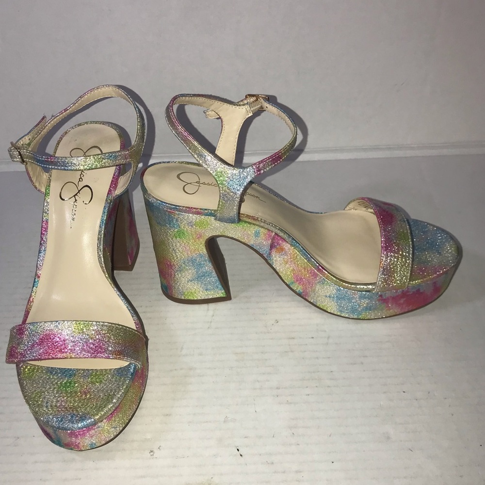 NWOB JESSICA SIMPSON Xilka Multi Color Rainbow Platform Heels Sandals Sz 8.5